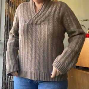 100% cashmere sandy brown v neck cable knit sweater